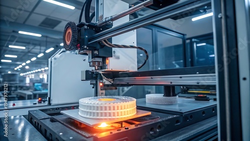 Advanced industrial 3D printing machine fabricating mechanical components in a modern manufacturing facility with blue lighting and high-tech atmosphere.