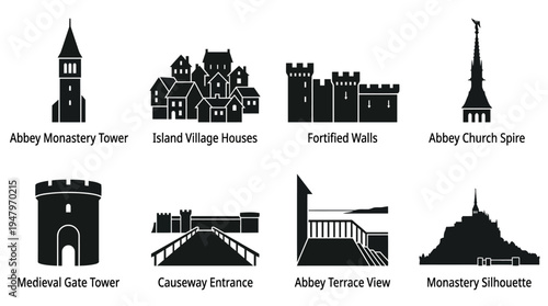 Historic Architecture & European Landmarks Vector Icon Set – Elegant Vectors Featuring Castles, Churches, Fortresses, Villages, Arches, Steeples, and Hillside Monuments