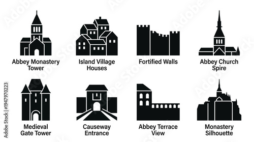 Historic Architecture & European Landmarks Vector Icon Set – Elegant Vectors Featuring Castles, Churches, Fortresses, Villages, Arches, Steeples, and Hillside Monuments