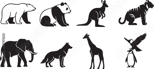 Black silhouettes of various wild animals on white background