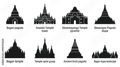 Myanmar Pagodas & Temples Vector Icon Set – Bagan Architecture Vectors Featuring Ananda Tower, Dhammayangyi Pyramid, Shwezigon Stupa, Brick Pagodas, Temple Spires, and Sacred Landscapes