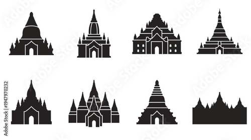 Myanmar Pagodas & Temples Vector Icon Set – Bagan Architecture Vectors Featuring Ananda Tower, Dhammayangyi Pyramid, Shwezigon Stupa, Brick Pagodas, Temple Spires, and Sacred Landscapes