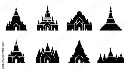 Myanmar Pagodas & Temples Vector Icon Set – Bagan Architecture Vectors Featuring Ananda Tower, Dhammayangyi Pyramid, Shwezigon Stupa, Brick Pagodas, Temple Spires, and Sacred Landscapes