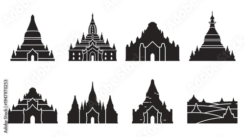 Myanmar Pagodas & Temples Vector Icon Set – Bagan Architecture Vectors Featuring Ananda Tower, Dhammayangyi Pyramid, Shwezigon Stupa, Brick Pagodas, Temple Spires, and Sacred Landscapes