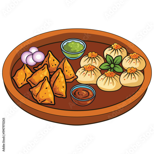 A plate of assorted indian snacks and dumplings with dipping sauces
