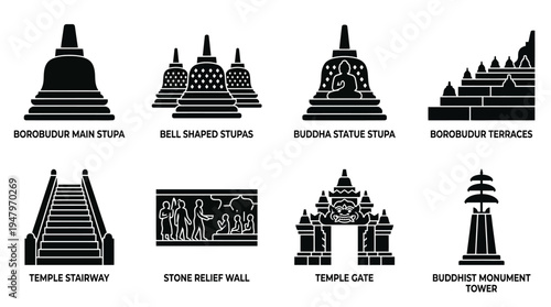 Borobudur Buddhist Temple Vector Icon Set – Indonesian Architecture Vectors Featuring Main Stupa, Bell Stupas, Buddha Reliefs, Terraces, Stairways, Temple Gates, and Monument Towers