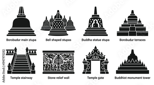 Borobudur Buddhist Temple Vector Icon Set – Indonesian Architecture Vectors Featuring Main Stupa, Bell Stupas, Buddha Reliefs, Terraces, Stairways, Temple Gates, and Monument Towers