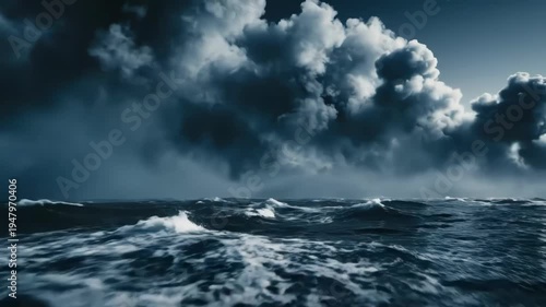 A turbulent ocean scene with dark blue water and large stormy clouds