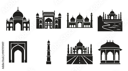 Taj Mahal Architecture Vector Icon Set – Mughal Landmark Vectors Featuring Mausoleum Dome, Entrance Gate, Mosque, Minaret Tower, Reflecting Pool, Garden Pavilion, and Riverside Views
