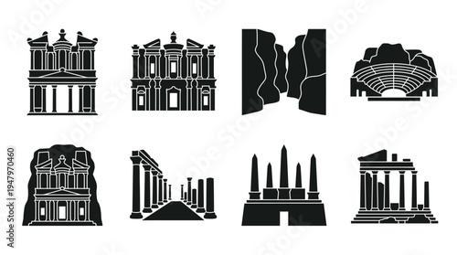 Petra Landmarks Vector Icon Set – Jordanian Architecture Vectors Featuring Rock‑Cut Facades, Classical Columns, Amphitheatre Ruins, Ancient Temples, Stone Structures, and Desert Heritage
