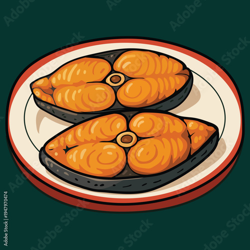 A cartoon-style illustration of two cooked salmon steaks served on a plate. 