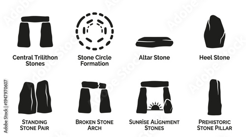 Megalithic Stone Monuments Vector Icon Set – Ancient Archaeology Vectors Featuring Trilithon Stones, Stone Circle, Altar Rock, Heel Stone, Broken Arch, and Sunrise Alignment