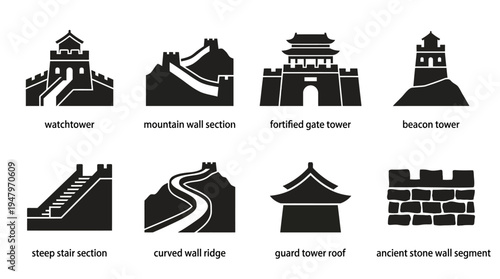 Chinese Heritage & Great Wall Vector Icon Set – Ancient Architecture Vectors Featuring Watchtowers, Gates, Wall Segments, Tiered Roofs, Battlements, Staircases, and Traditional Buildings