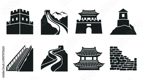 Chinese Heritage & Great Wall Vector Icon Set – Ancient Architecture Vectors Featuring Watchtowers, Gates, Wall Segments, Tiered Roofs, Battlements, Staircases, and Traditional Buildings