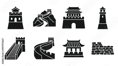 Chinese Heritage & Great Wall Vector Icon Set – Ancient Architecture Vectors Featuring Watchtowers, Gates, Wall Segments, Tiered Roofs, Battlements, Staircases, and Traditional Buildings