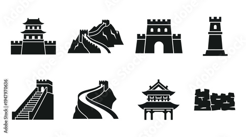 Chinese Heritage & Great Wall Vector Icon Set – Ancient Architecture Vectors Featuring Watchtowers, Gates, Wall Segments, Tiered Roofs, Battlements, Staircases, and Traditional Buildings