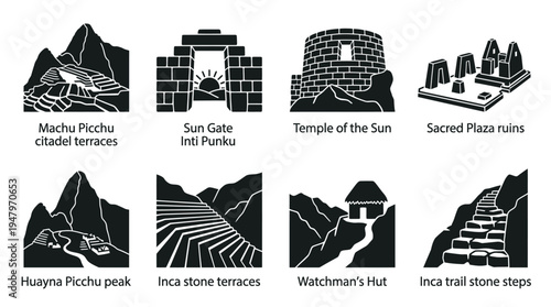 Incan Heritage & Architecture Vector Icon Set – Ancient Civilization Vectors Featuring Terraced Steps, Stone Doorways, Circular Towers, Thatched Huts, Mountain Paths, and Sacred Walls