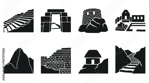 Incan Heritage & Architecture Vector Icon Set – Ancient Civilization Vectors Featuring Terraced Steps, Stone Doorways, Circular Towers, Thatched Huts, Mountain Paths, and Sacred Walls