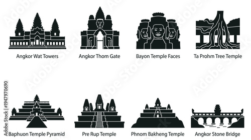 Cambodian Temple Landmarks Vector Icon Set – Khmer Architecture Vectors Featuring Angkor Wat, Bayon Faces, Ta Prohm, Baphuon Pyramid, Pre Rup, Phnom Bakheng, and Stone Bridge