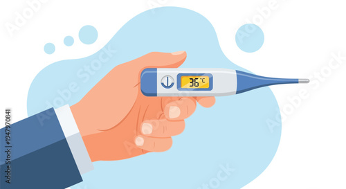 Person holds digital thermometer in hand showing normal body temperature of 36 degrees Celsius for healthcare and medical concept