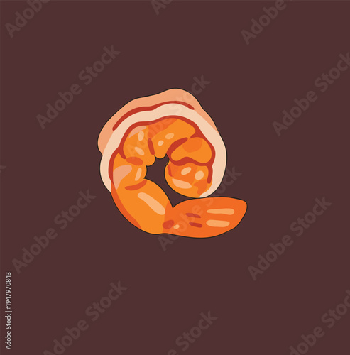 A stylized cartoon illustration of a cooked shrimp. 
