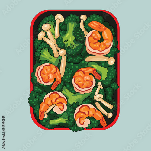 A vector illustration of a healthy meal prep bento box containing shrimp, broccoli, and mushrooms. 