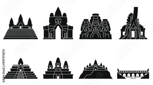 Cambodian Temple Landmarks Vector Icon Set – Khmer Architecture Vectors Featuring Angkor Wat, Bayon Faces, Ta Prohm, Baphuon Pyramid, Pre Rup, Phnom Bakheng, and Stone Bridge
