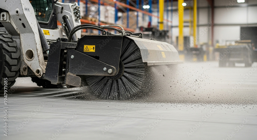 Fototapeta premium A skid-steer loader with a rotary broom attachment sweeping dust from a concrete floor in a large industrial warehouse.