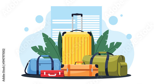 Collection of travel bags and luggage including suitcase and duffel bags for vacation and journey concept