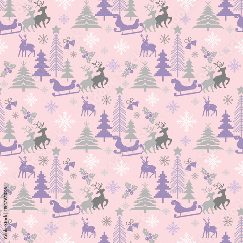 Adorable pixel art holiday pattern in pastel pink. Includes reindeer, sleighs, and lavender snowflakes. Ideal for cute Christmas gift wrapping, textile design, and festive backgrounds.