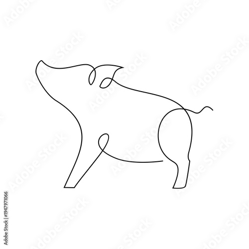 Minimalist one line drawing of a pig, continuous line art illustration of a farm animal standing, isolated on a white background.