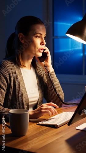 Young woman is working late in office at night. Busy woman talking on phone while typing on computer. This female is working overtime at desk. Professional talks on phone near lamp in evening.