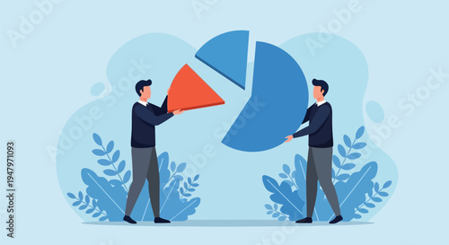 Two men assembling pie chart with one holding red piece and another holding large blue piece for business analysis and teamwork concept