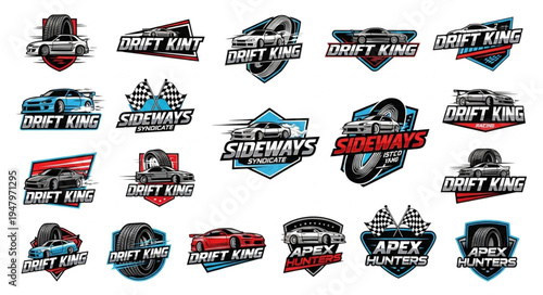 Collection of Dynamic Drift King and Apex Hunters Car Racing Logos.