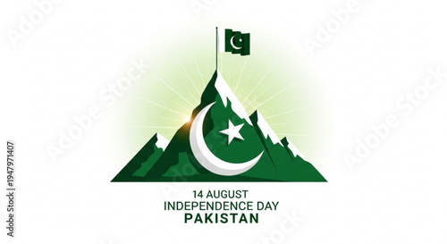 Pakistan independence day graphic with mountains and flag on august 14th