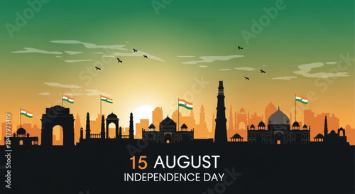 Indian independence day celebration with iconic city skyline silhouette at sunset