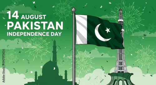 Pakistan independence day celebration with flag and fireworks on green background