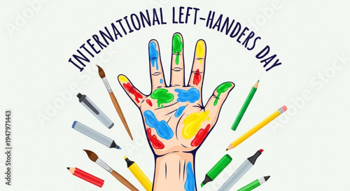Hand with painted fingers celebrating international left handers day with colorful pencils