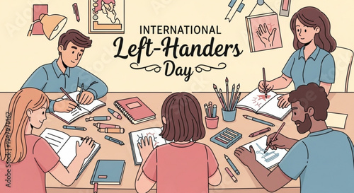 People celebrating international left handers day with notebooks and stationery