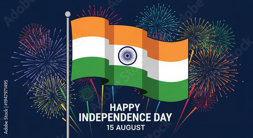 Indian flag waving with fireworks on independence day august 15th celebration