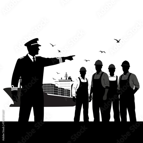 Silhouette of captain and dockworkers standing.