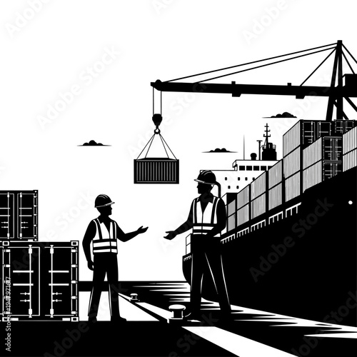 Two workers in industrial harbor setting.