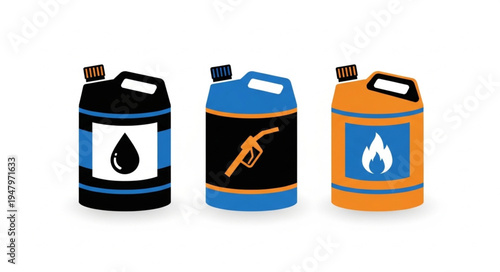 Fuel Canisters with Oil Drop, Gas Nozzle, and Flame Symbols.