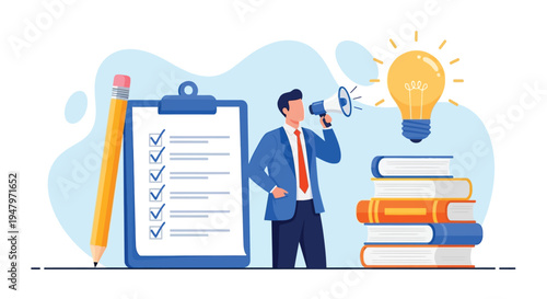Business education and strategic planning concept showing man using megaphone near giant checklist clipboard stack of books and bright glowing lightbulb