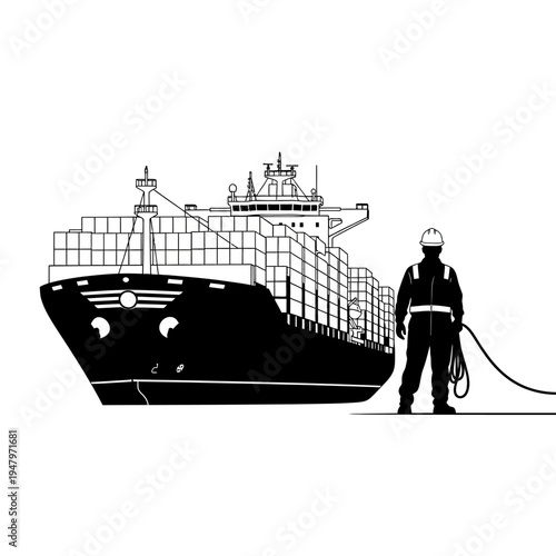 Worker standing next to large ship.