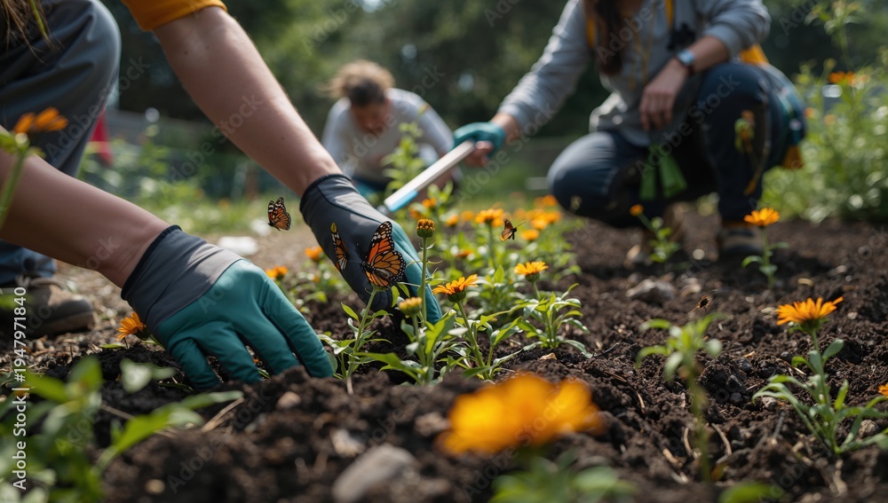 Fototapeta premium Man and woman gardening together planting flowers and taking care of the soil