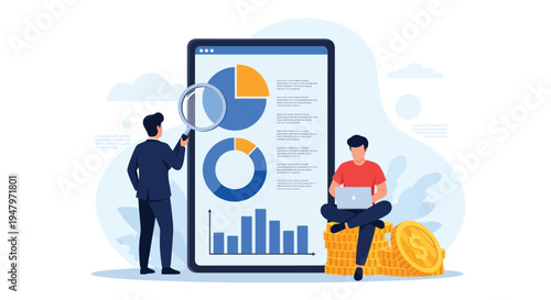 Business analytics concept, businessman looking through a magnifying glass at financial report on a big smartphone, another man sitting on money