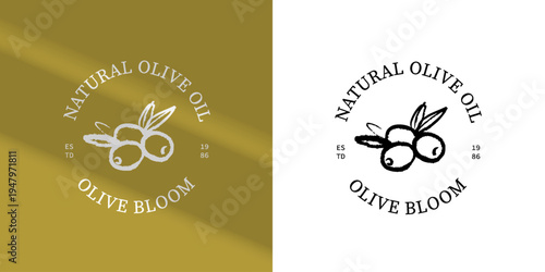 Vintage sketch olive branche logo. Extra virgin, farm product, Mediterranean cuisine, cosmetic, organic farm, packaging label concept. Crayon hand drawn vector illustration.