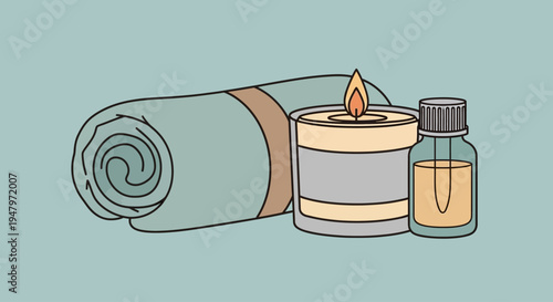 A rolled-up yoga mat with a brown strap, a lit candle, and an essential oil bottle on a soothing green background, conveying a serene lifestyle.