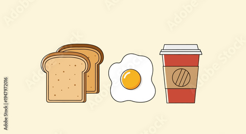 Flat lay illustration of toast, fried egg, and coffee cup on a plain background, depicting a simple breakfast setup with cartoon style.